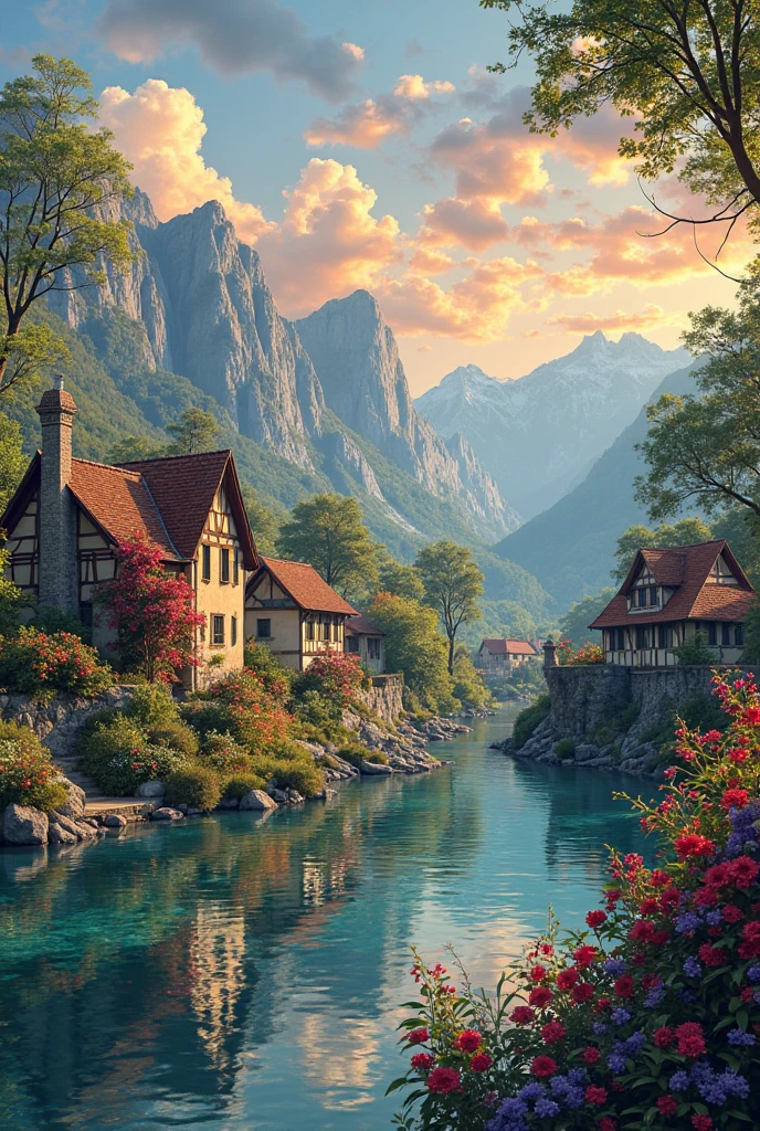 a small village by the river, mountains in the background, floral flowers colorful, detailed landscape, Beautiful natural landscapes, atmospheric lighting, scorching sunset, warm colours, practical, photopractical, Detailed Foliage, complex buildings, cobblestone street, Charming country house, swirly vibrant colors, lush vegetation, Still water reflections, Picturesque, idyllic, work of art, best qualityer, 8k, extremely detaild,anime styling