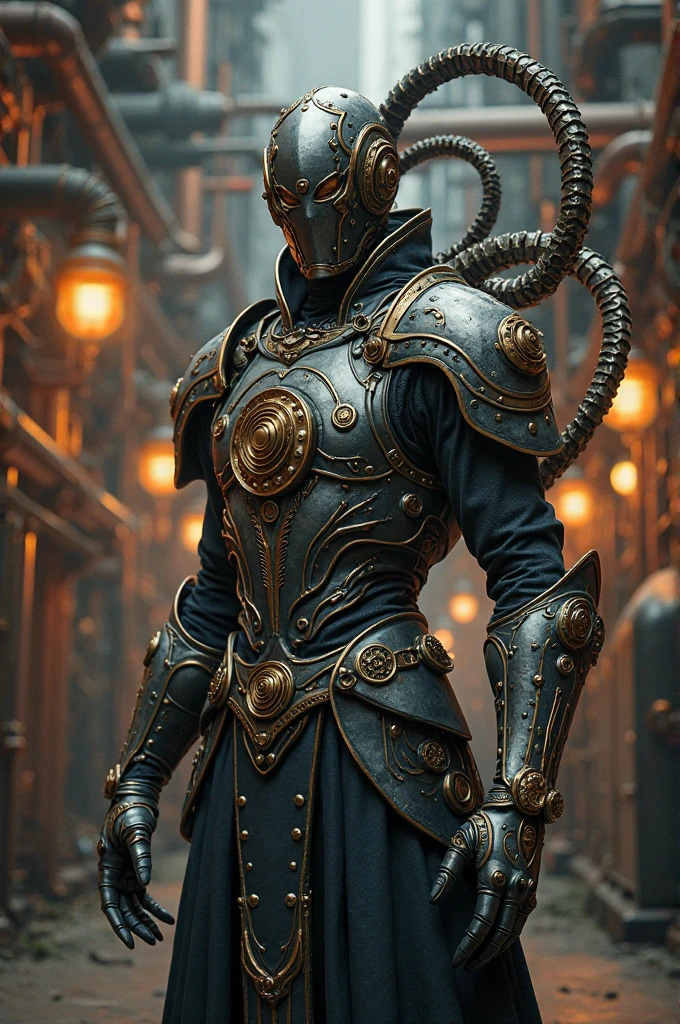 Steampunk, man with mask and metallic tentacles sticking out of his back