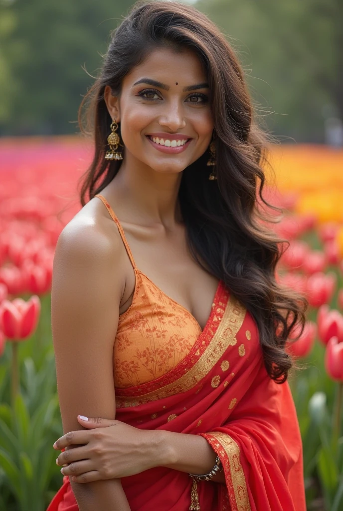 a very short and thick curvy smiling Indian girl with huge saggy mature breasts wearing trendy gorgeous intricate traditional saree and embroidered lacey blouse without bra at a flower garden during golden hour, warm backlit dreamlike atmosphere, soft cinematic focus, anamorphic lens flares, masterpiece, by Zack Snyder,