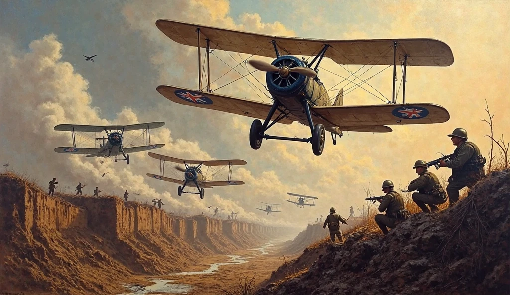 Art panel of World War I with biplanes flying over trenches.