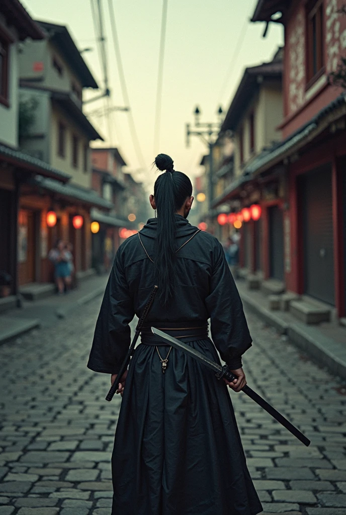 An ultra-realistic image in the point of view style(POV), style image capturing the first-person perspective of an [um samurai], em um [cidade], as if it were a video game in first-person view. the hands [espada] and the character's body part are visible, creating the feeling of immersion, as if the spectator were actually there.  The scene is detailed , with cinematic lighting and an authentic atmosphere that transports the viewer to that time and place.