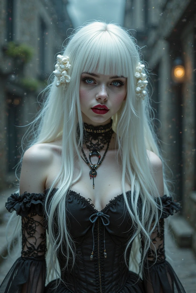 ethereal gothic horror,girl with flowing silver hair,pale skin,elegant gothic lolita fashion,dramatic lighting,dark moody atmosphere,(best quality,4k,8k,highres,masterpiece:1.2),ultra-detailed,(realistic,photorealistic,photo-realistic:1.37),dramatic chiaroscuro lighting,dark fantasy,dramatic shadows,intricate details,porcelain skin,delicate features,translucent skin,dramatic fog effects,haunting beauty,cinematic composition,dark and moody colors,highly detailed facial features,dark and somber color palette,dramatic lighting and shadows
