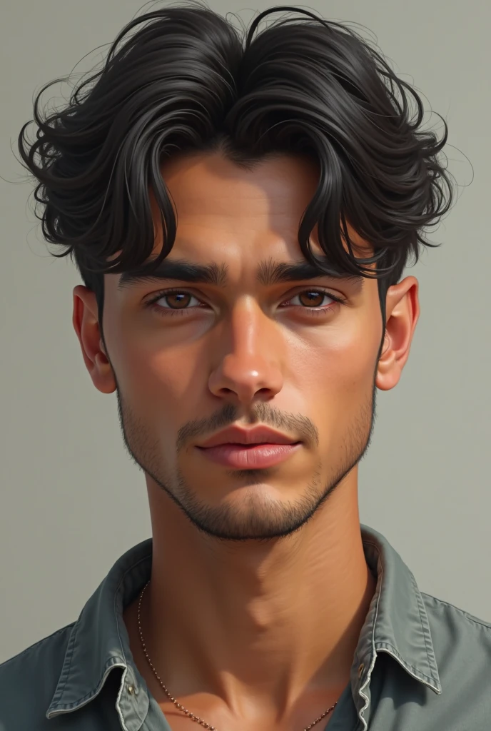 Realistic image of a 20-year-old man with brown skin and black hair
