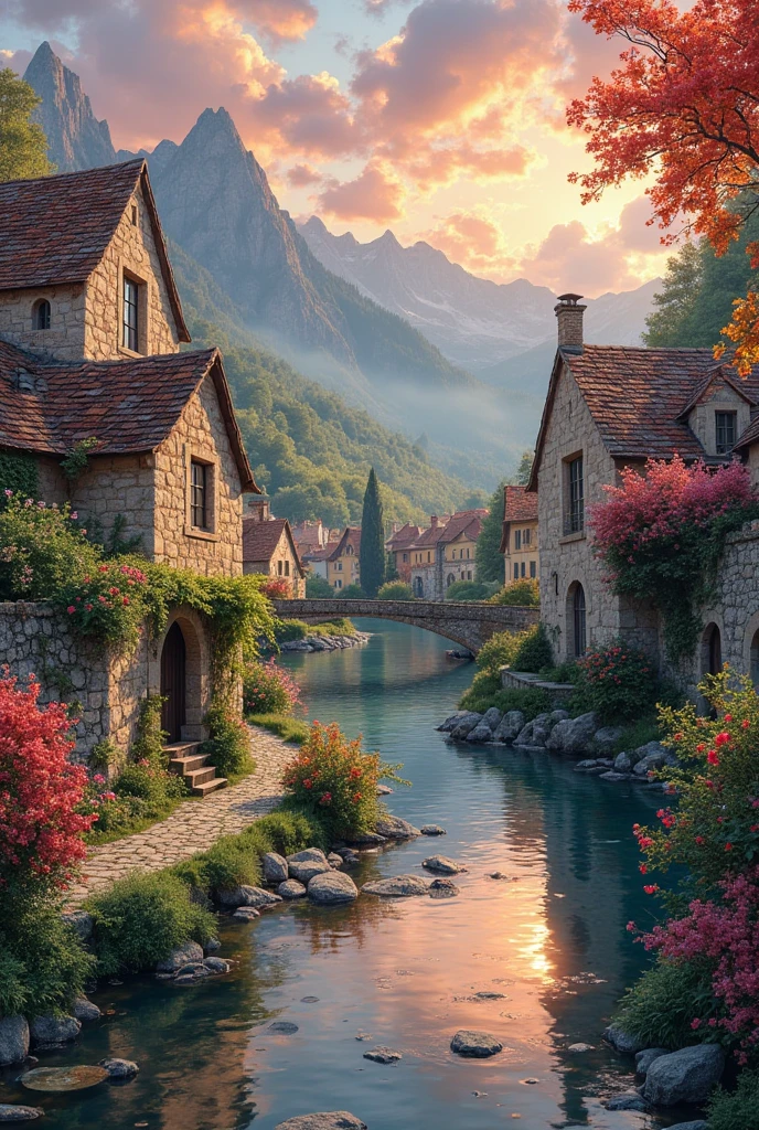 a small village by the river, mountains in the background, fleurs florales colorées,  detailed landscape , Beaux paysages naturels, atmospheric lighting, coucher de soleil brûlant, warm colors, pratique, photorealistic, Detailed foliage ,  complex buildings, Cobblestone street, Charming country house, bright swirling colors, lush vegetation,  Reflections of still water, Pittoresque, idyllique,  work of art, best quality, 8k, extremely detailed, style anime.