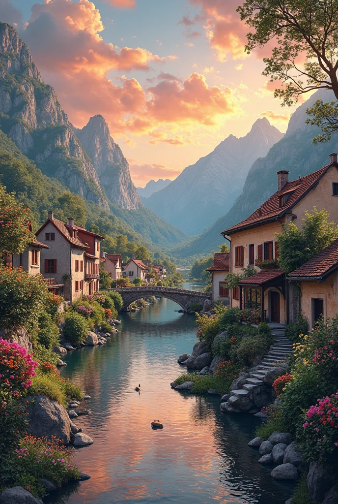 a small village by the river, mountains in the background, fleurs florales colorées,  detailed landscape , Beaux paysages naturels, atmospheric lighting, coucher de soleil brûlant, warm colors, pratique, photorealistic, Detailed foliage ,  complex buildings, Cobblestone street, Charming country house, bright swirling colors, lush vegetation,  Reflections of still water, Pittoresque, idyllique,  work of art, best quality, 8k, extremely detailed, style anime.