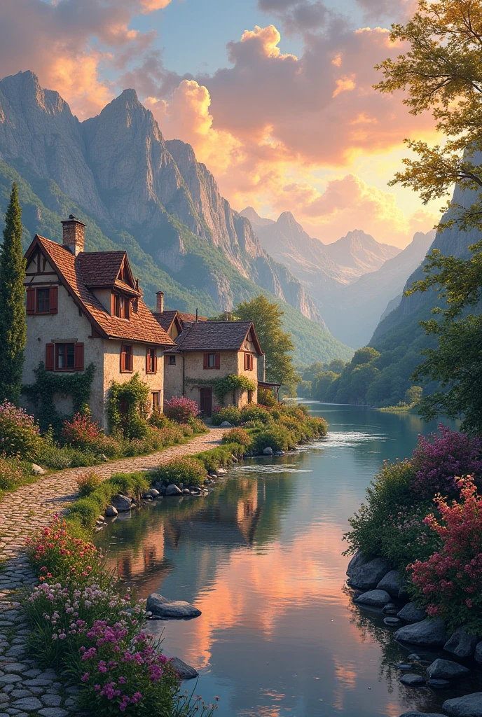a small village by the river, mountains in the background, fleurs florales colorées,  detailed landscape , Beaux paysages naturels, atmospheric lighting, coucher de soleil brûlant, warm colors, pratique, photorealistic, Detailed foliage ,  complex buildings, Cobblestone street, Charming country house, bright swirling colors, lush vegetation,  Reflections of still water, Pittoresque, idyllique,  work of art, best quality, 8k, extremely detailed, style anime.