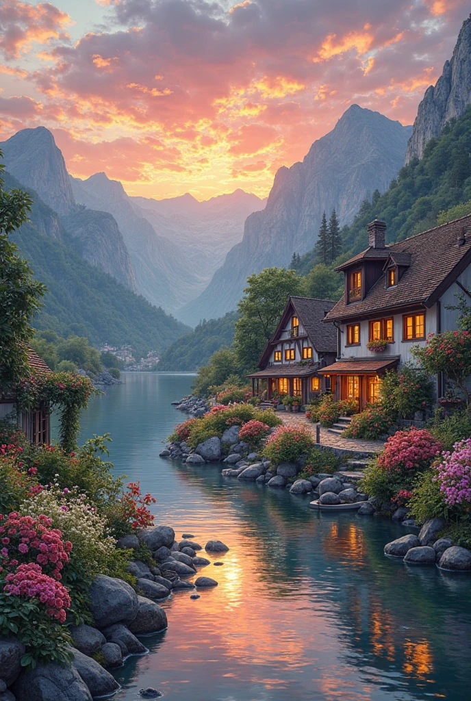 A small riverside village, mountains in the background, colorful flowers, detailed landscape style, beautiful natural scenery, atmospheric lighting,  scorching sunset ,  warm colors, practical, photographic, detailed foliage, complex buildings , cobblestone street, charming country house, vibrant colors, lush vegetation, reflections in the water, pitoresco, idyllic, work of art, Best Quality, 8k, extremely detailed, anime style