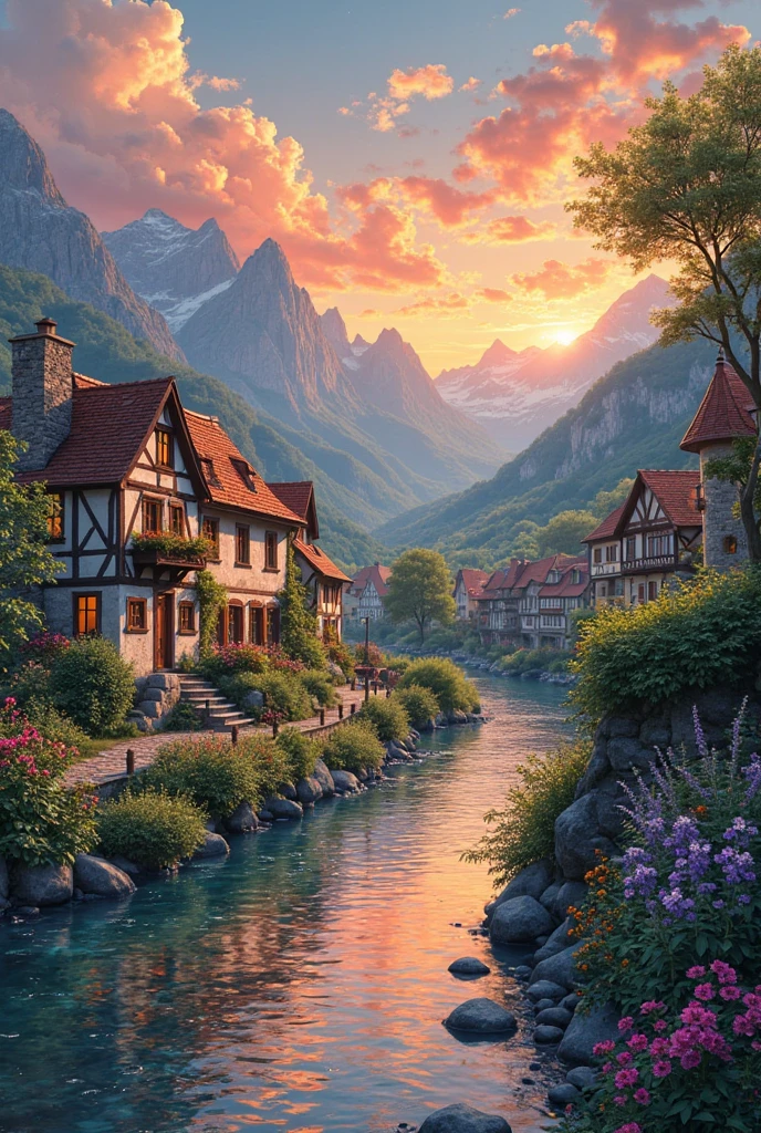 A small riverside village, mountains in the background, colorful flowers, detailed landscape style, beautiful natural scenery, atmospheric lighting,  scorching sunset ,  warm colors, practical, photographic, detailed foliage, complex buildings , cobblestone street, charming country house, vibrant colors, lush vegetation, reflections in the water, pitoresco, idyllic, work of art, Best Quality, 8k, extremely detailed, anime style