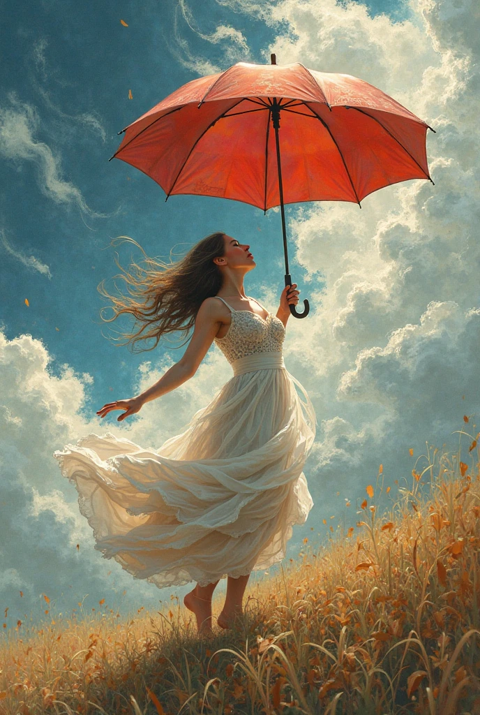 Make a reinterpretation of a woman with an umbrella that is blown away in the wind and then add a phrase to this drawing, transforming it into a visual campaign