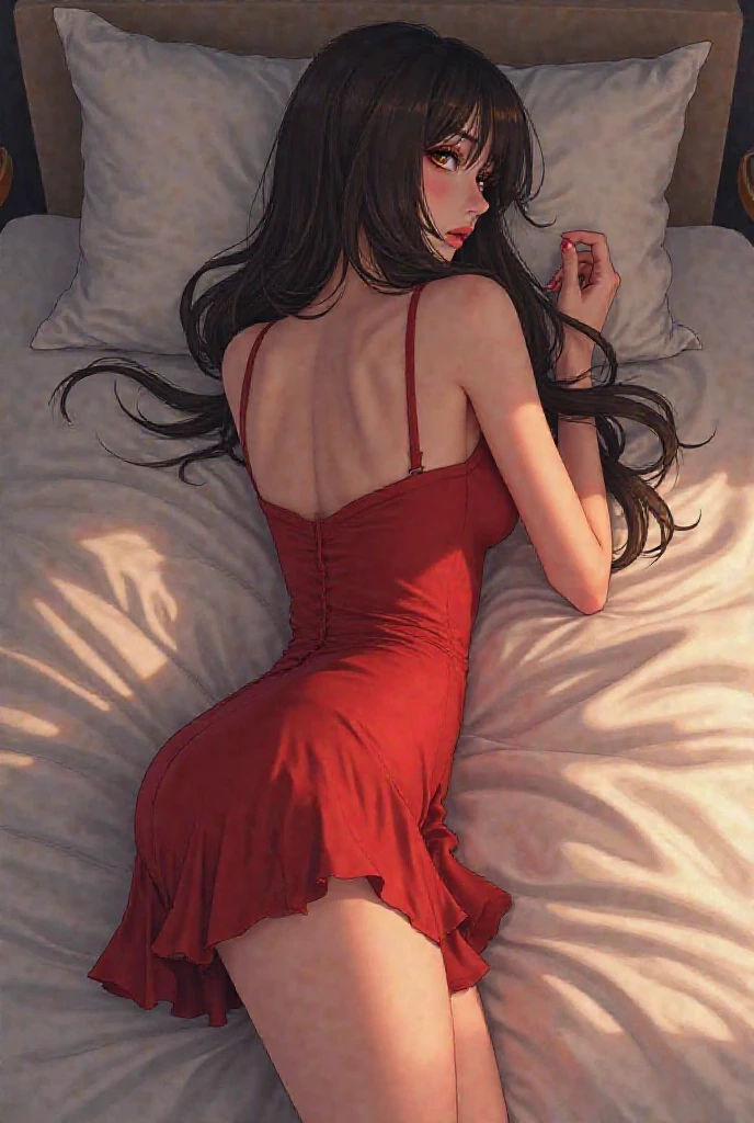 A beautiful woman sleeping on bed, portrait, realistic, blue eyes, long hair, parted bangs, breast, 4k resolution, high quality cg, beautiful cg, soft light, ( red night dress see through), naked, morning, full body, legs opened