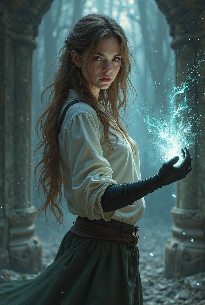 Young sorceress with pants, shirt and gloves covering your arms, brown hair with white locks, white skin, amber eyes