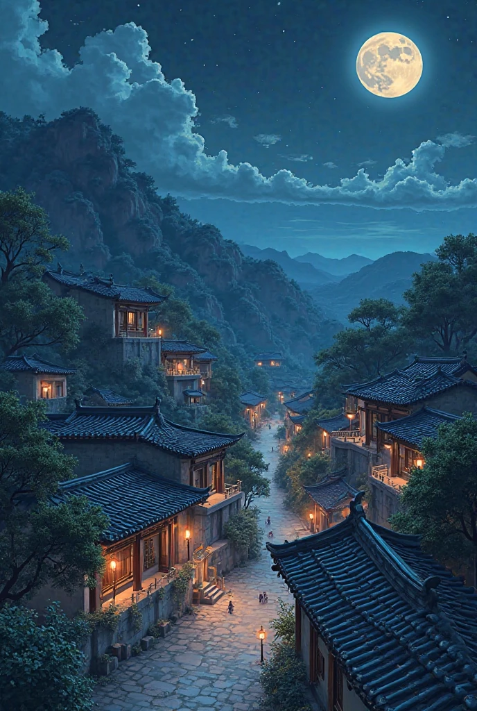 Create a night anime background with old Chinese houses 