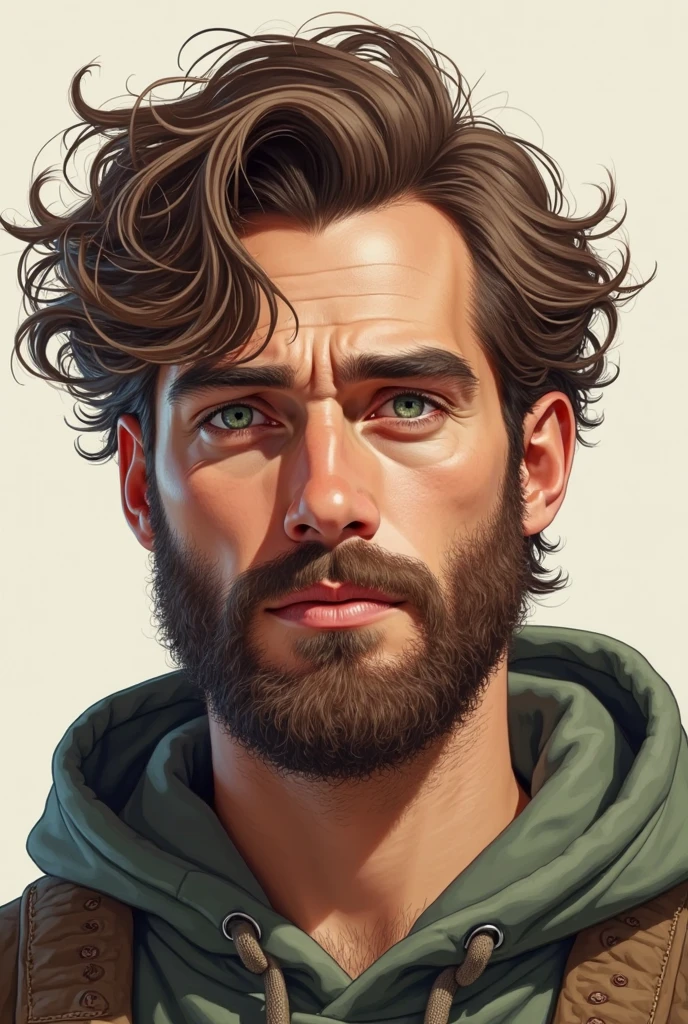 His hair can be brown Get wavy and slightly disheveled hair, Let the green eyes look deep, Clothing style can be comfortable but cool with slightly dirty beard Size 1.Make a drawing of a man with a circumference of 90cm, Let it be realistic 