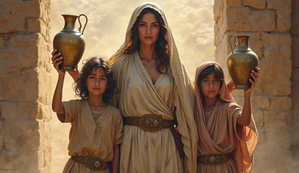 beautiful and sweet woman similar to the daughter of the God Onagait; in the Argentine desert; helping women with their children
