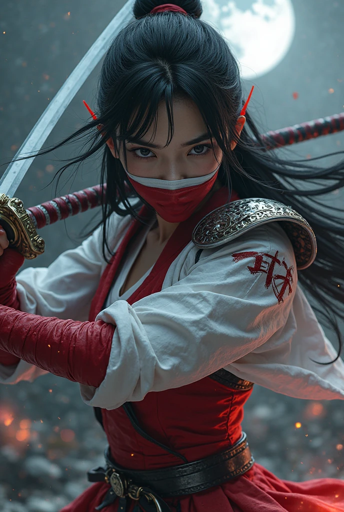 Photorealistic Katana (Tatsu Yamashiro), DC Comics character, full body, (classic Katana costume:1.3), (white and red costume:1.3), (high-collared top:1.1), (armored shoulder pads:1.1), (red and white mask partially covering face:1.2), (katana sword in hand:1.3), (SoulTaker sword:1.2), black hair, (long black hair with white streak:1.3), (flowing hair in the wind:1.1), dark eyes, (fair skin:1.1), (stoic and determined expression:1.2), dynamic action pose, (sword fighting stance:1.2), (graceful and deadly:1.1), professional action photography, (35mm lens:1.1), f/2.8, (dynamic lighting:1.2), (moonlit rooftop:1.1) or (Japanese garden setting:1.1), rim lighting, (sharp shadows:1.1), (focused on face and sword:1.3), low ISO 100, minimal noise, 8K resolution, (ultra detailed:1.3), realistic skin rendering, detailed fabric textures, accurate , (subtle eye reflections:1.2), (cinematic lighting:1.2), (high detail:1.3), (heroic pose:1.1), (samurai warrior:1.1)