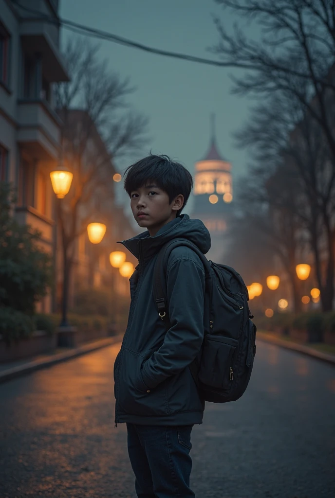 Create an image of a boy who is leaving to study at Duoc at night 