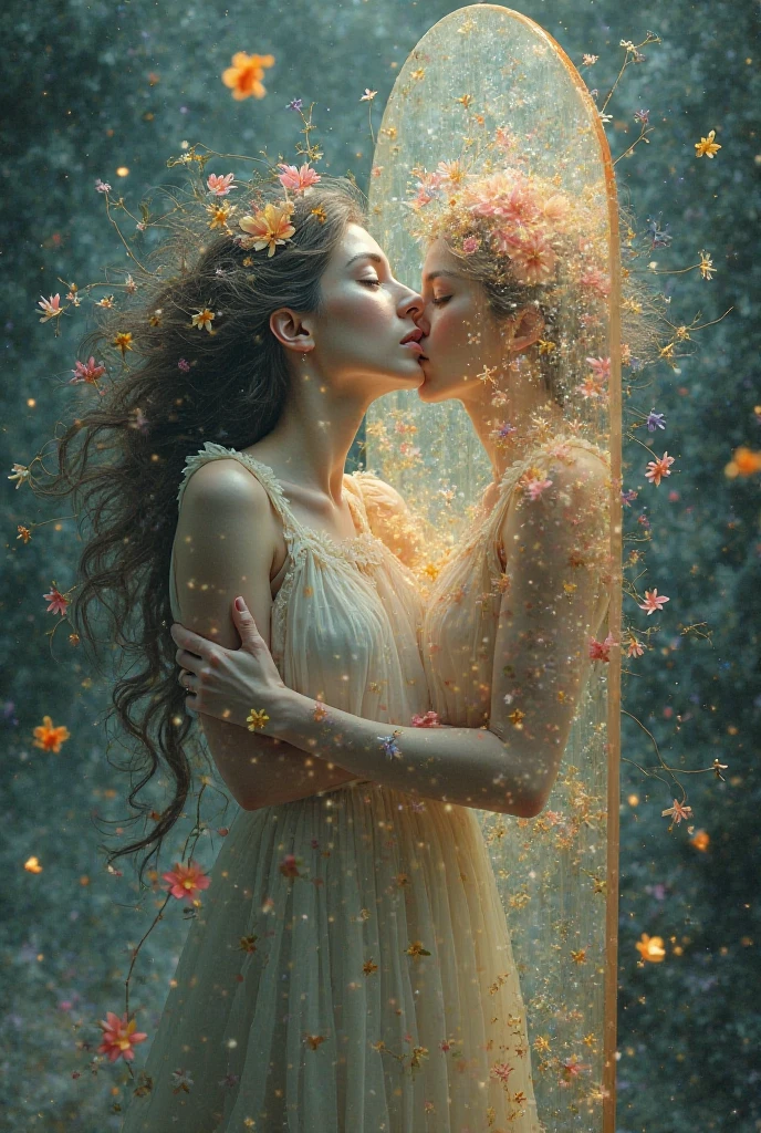 A woman embracing a mirror, in the reflection can be seen, with flowers blossoming from her body and magic all around her 