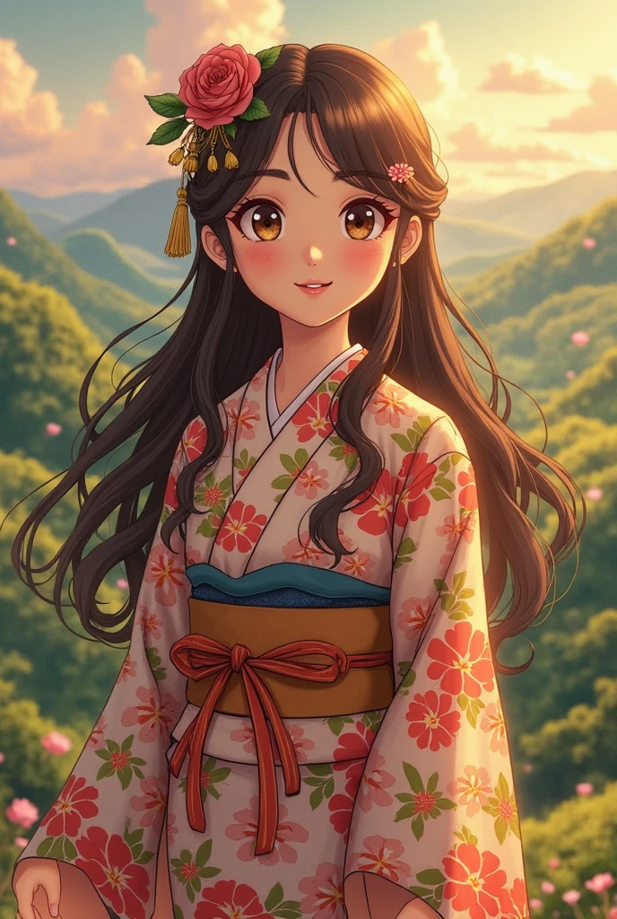 a ghibli studio style instagram story size, detailed anime character portrait, young woman with big warm eyes, long wavy brown hair, soft smile, wearing a colorful floral kimono, standing in a whimsical fantasy landscape, rolling hills, lush forests, magical atmosphere, golden hour lighting, cinematic composition, digital art, 8K, ultra-detailed, photorealistic, vivid colors, professional