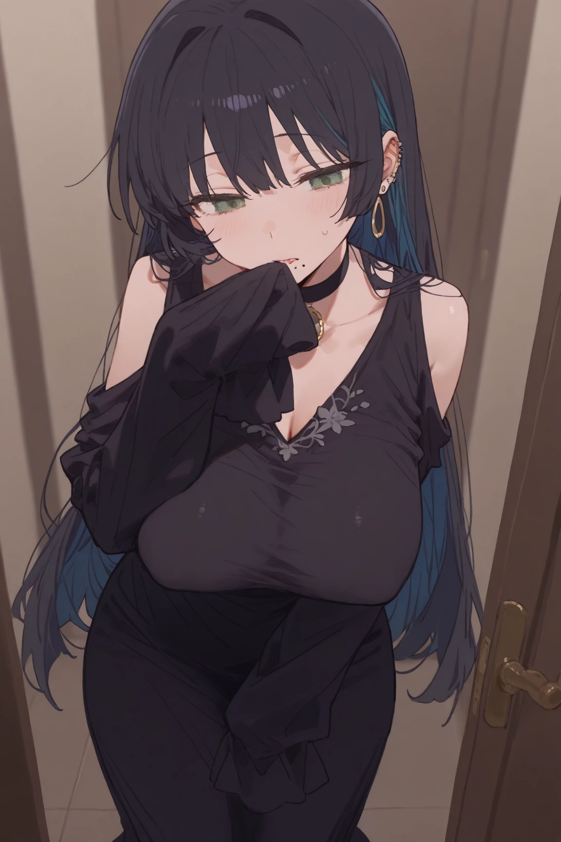 masterpiece,(gigantic_breasts:1.3), nipples,( cleavage:1.1), naked, mature female, see-through
pa san, green eyes, long hair, black choker,hime cut, black hair,
dress, choker, collarbone, bare shoulders, black choker, blunt bangs, earrings, sleeves past wrists, long hair, jewelry
Black_lingerie, bedroom, on bed, indoors,
<lora:hairdetailer:1.0> <lora:pa san by Goofy Ai:0.8>