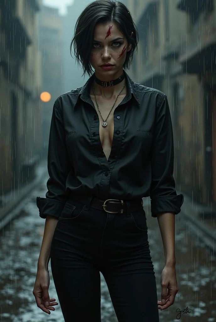 a woman in formal wear , half-open black shirt and black pants,black hair with a short fringe on the forehead with an angry face and several scars .Somewhat dark and rainy night weather