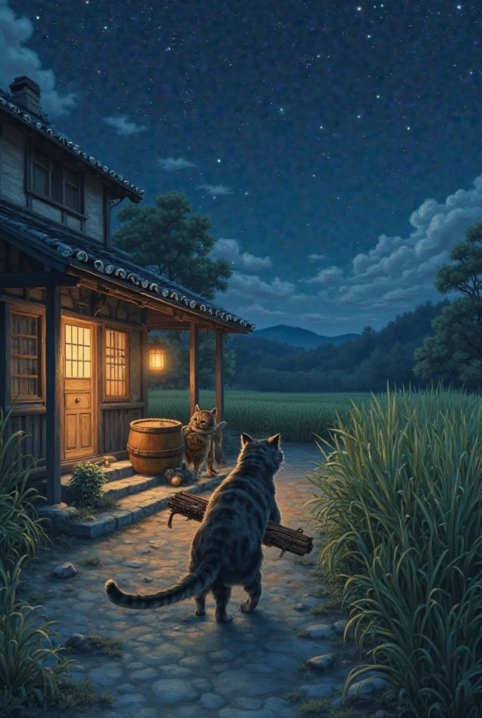 “Two realistic cats in a traditional Japanese countryside setting at night, carrying firewood towards a Goemon-style outdoor bath boiler beside an old wooden house, surrounded by rice fields under a starry sky. The lighting is soft and warm from lanterns, and the atmosphere is quiet and nostalgic.”
