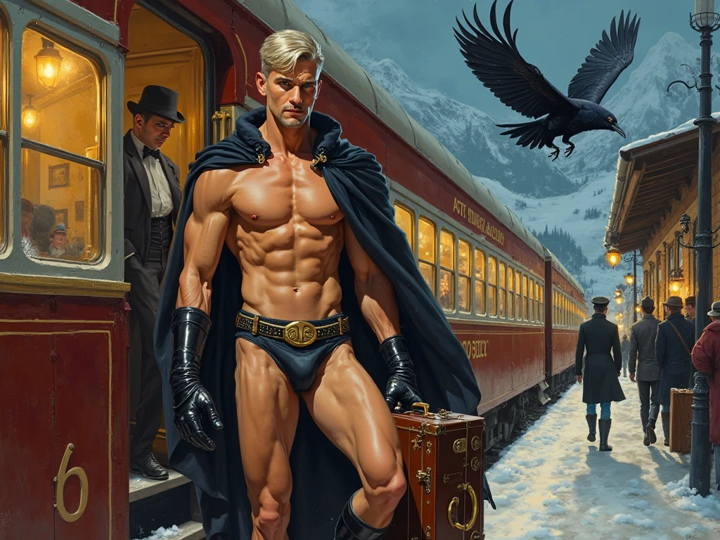 Create a masterpiece of the highest quality: Highly detailed 1950s Norman Rockwell style magazine cover depicting a handsome Ukrainian man (Ivan Temnyenko aka Captain Darkness), three-quarter view, standing walking down the steps of an Alpine passenger train car, attractive, very handsome (27 years old), beautiful blue eyes, looking up, muscular body, tanned skin, (short straight silver-blond hair, well-groomed and oiled, with a long quiff combed to the right, short silver-blond mustache, stubble), naked, no clothes, facing the camera, shaved, smiling, broad shoulders, black cape, muscular body, hairy muscular chest, hand holding a brown leather suitcase with black lines, long shiny black leather gloves, six-pack abs, thin golden belt with art deco motifs, (tiny very tight shiny black leather male G-string, huge elongated bulge inside the G-string), muscular legs, high shiny black leather boots, flying crow Above the man. Exterior of a brown Alpine railway passenger car, gold roof, white text "AOSTA VALLEY" on the outside.
Background: Exterior of an Alpine railway station, platforms, people getting off the passenger car, station master.
Background: Alpine landscape at night outside the windows.
Black borders around the painting with red and gold Art Deco lines.