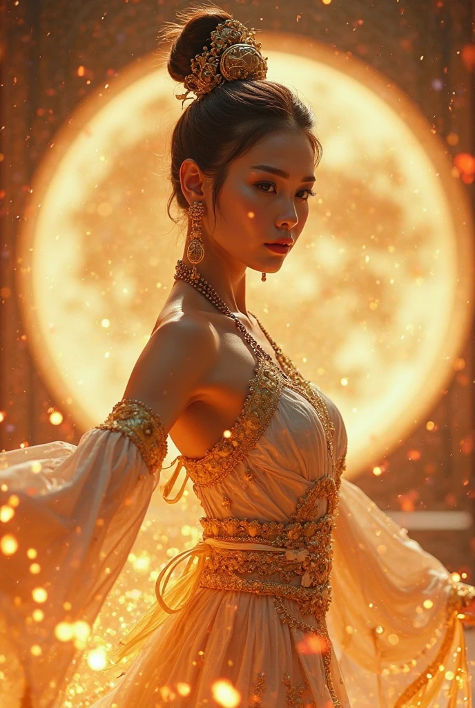 /photography of real people,  Game Character Design  ,Chinese female dancers dance with fire, Hellfire  ,beautiful faces white and gold,kung fu tai chi,circular background,    Fantasy  ，holographic projection, wire skeleton, glowing golden lines, heavenly palace, pedang  , majestic posture,  flowing robes , jewelry, awan putih,  Lucky clouds ,  mysterious aura ,  strong presence , detailed facial features,  Smooth Light  ,    cloudy sky   , flying dragon, misteri,   absurdres  ,   digital art   ,   Futuristic technology  