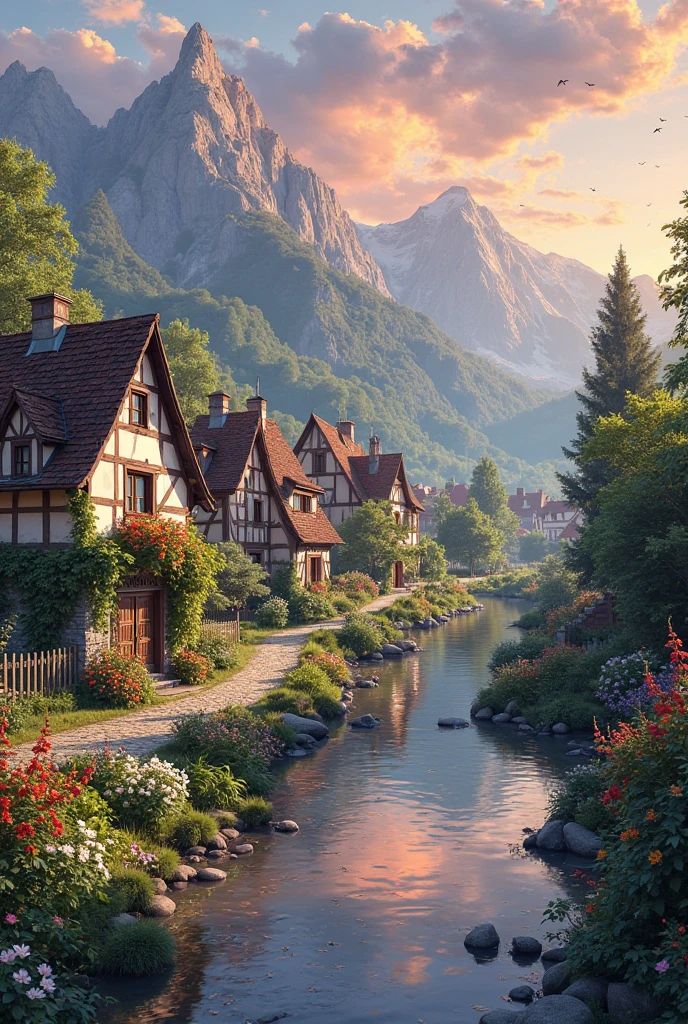 a small village by the river, mountains in the background, fleurs florales colorées,  detailed landscape , Beaux paysages naturels, atmospheric lighting, coucher de soleil brûlant, warm colors, pratique, photorealistic, Detailed foliage ,  complex buildings, Cobblestone street, Charming country house, bright swirling colors, lush vegetation,  Reflections of still water, Pittoresque, idyllique,  work of art, best quality, 8k, extremely detailed, style anime.