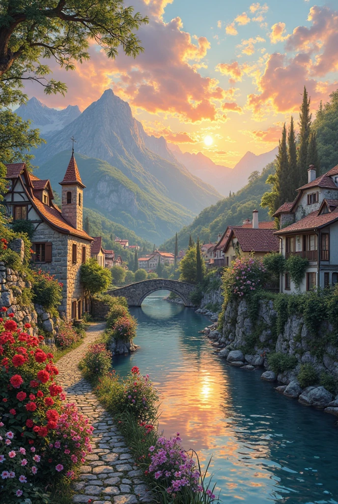 a small village by the river, mountains in the background, fleurs florales colorées,  detailed landscape , Beaux paysages naturels, atmospheric lighting, coucher de soleil brûlant, warm colors, pratique, photorealistic, Detailed foliage ,  complex buildings, Cobblestone street, Charming country house, bright swirling colors, lush vegetation,  Reflections of still water, Pittoresque, idyllique,  work of art, best quality, 8k, extremely detailed, style anime.