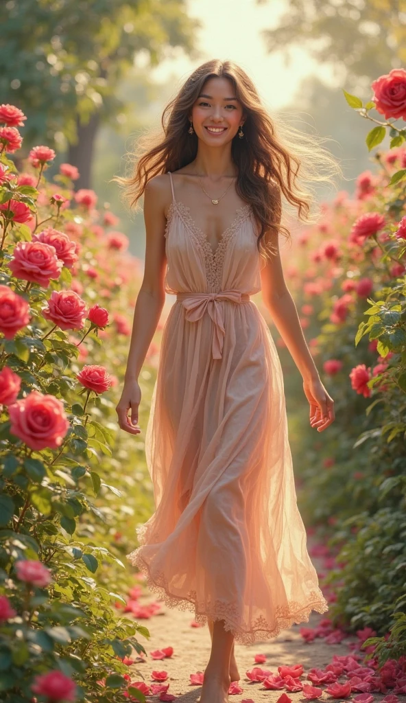 a beautiful garden full of multicolor roses, rose garden, 1girl, detailed face, beautiful eyes, long eyelashes, detailed skin, elegant dress, walking through the garden, sunlight, golden hour, vibrant colors, lush foliage, (best quality,4k,8k,highres,masterpiece:1.2),ultra-detailed,(realistic,photorealistic,photo-realistic:1.37),cinematic lighting,intricate details,oil painting style,dramatic shadows,warm color palette