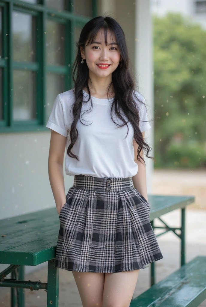 asian, glasses, small breasts, pleated skirt, smile, sexy pose