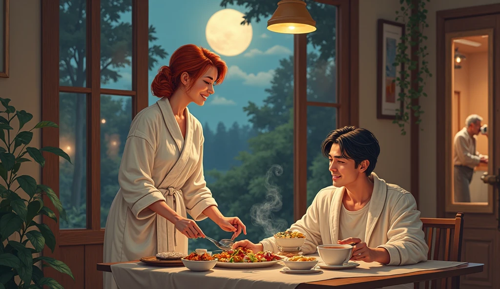 Imagine a beautiful red-haired woman in her 40s standing at the table serving food to a handsome young man with straight black hair. There is a farmer sitting in a chair in the left corner drinking coffee near an open door looking curiously at a beautiful backyard and a full moon. She is wearing a covered bathrobe and smiling. There is a door on the right to a steam room.