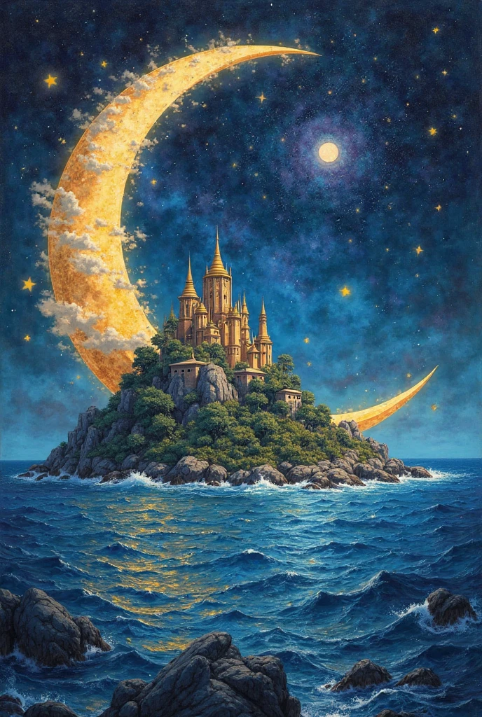 Inside there must be an island in the shape of a half moon,Stars and temples, colors of the island black for the sea,the silver boob,blue yellow white purple and golden.And also a princess on the right side dressed in blue clothes 