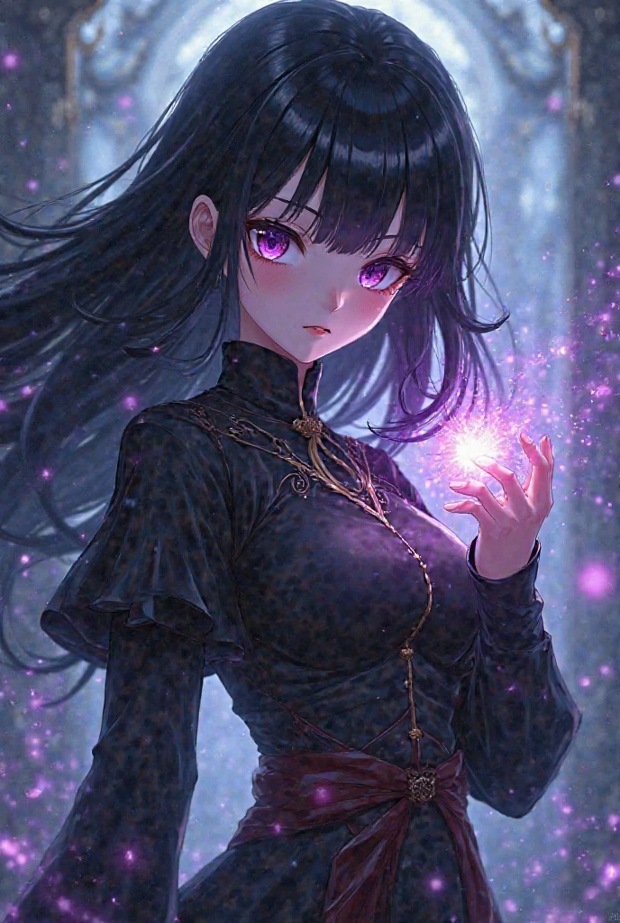 (best quality,4K,Very detailed,Practical:1.2),Mysterious astrologer girl,Pale skin,Long black hair fluttering in the wind,Shiny glasses lenses, She held a glowing sphere in her hand,Emerald eyes,Sharp eyes,The strange tattoo on her arm,Crystal Ball,Skull and five-pointed star decoration,Tarot,Mysterious symbols,Dramatic Lighting,Gothic,Black lace dress,Gorgeous jewelry,Feather hair accessories, Dark and scary atmosphere,
