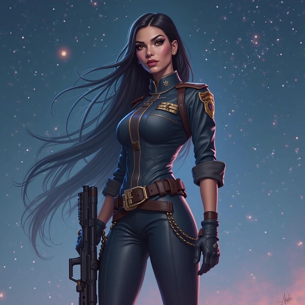 Beautiful black-haired girl with brown eyes and long hair in special clothes on an unknown planet 