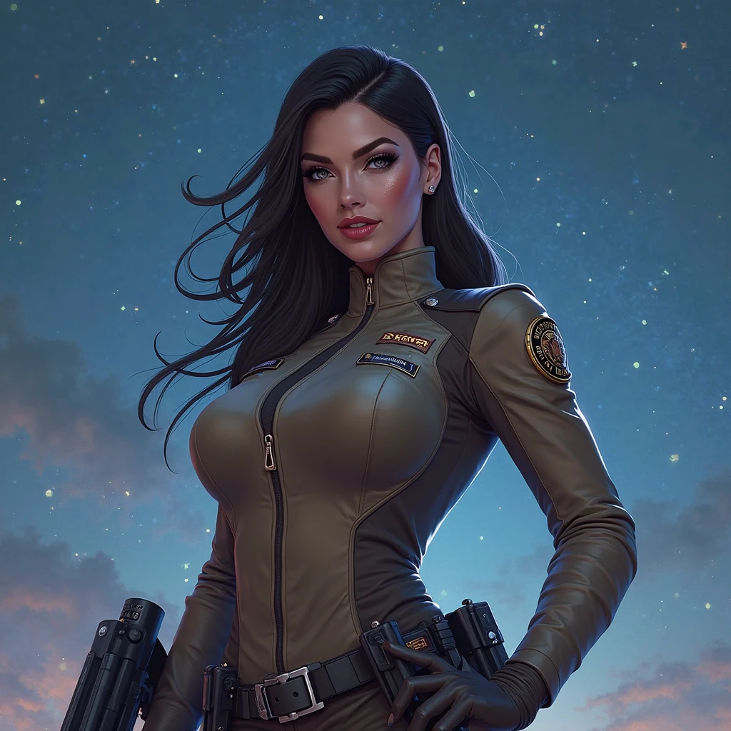 Medium breasted woman, pants, rivets, holsters, big gun, long black hair, sunglasses, on the moon, explosions behind.