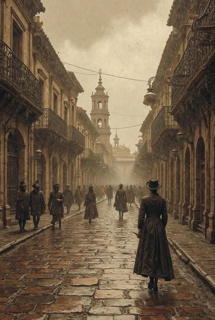 HORIZONTAL antique paint in sepia tones and aged texture. A colonial plaza in old Buenos Aires, on a cold day where a fine drizzle falls. Historical architecture can be appreciated with stone and cobblestone buildings. The atmosphere is melancholic and steeped in history, with low clouds and diffused lights. details: elongated shadows, realistic details on period dresses and a sense of expectation in the environment