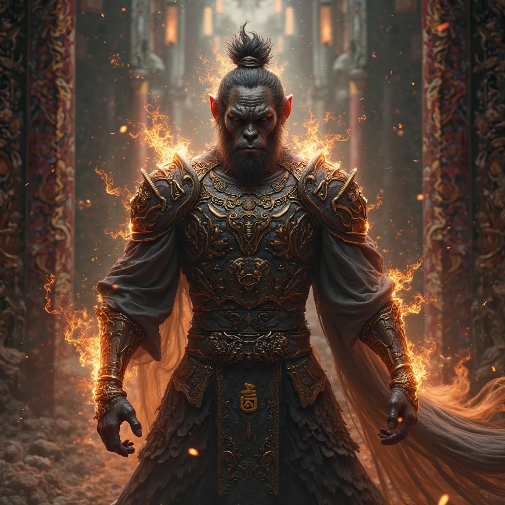 Create a dark-skinned wukong/monkey king, armor with shining flames in transparent color, with TS1 writing on the chest, in a gloomy and mighty atmosphere, royal background