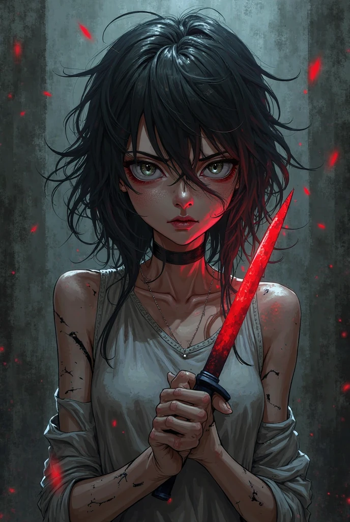 Crazy girl with gray hair with red eyes and a knife is  anime