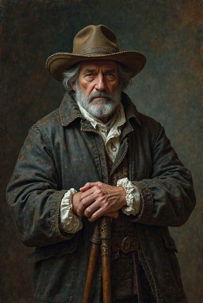 17th century old French man, barbe grise, visage marqué par le temps, regard sérieux et observateur, worn coat, antique hat, tenant une canne, in a dark light