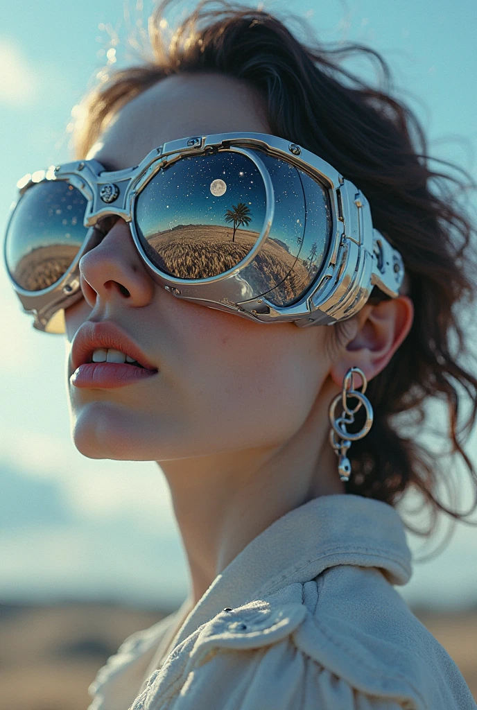 The model is wearing glass sunglasses with stars and the moon on the glass