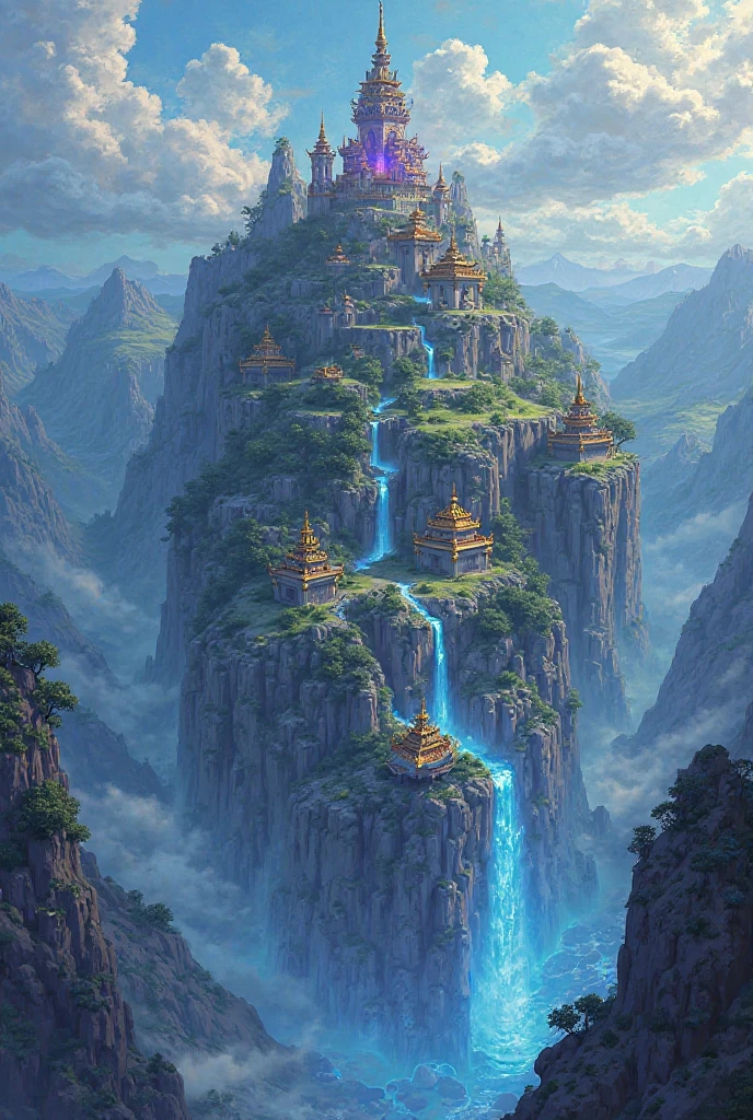 Half-moon-shaped island with small temples scattered on mountainous hills,colors blue gold light blue silver purple, gothic anime stripe