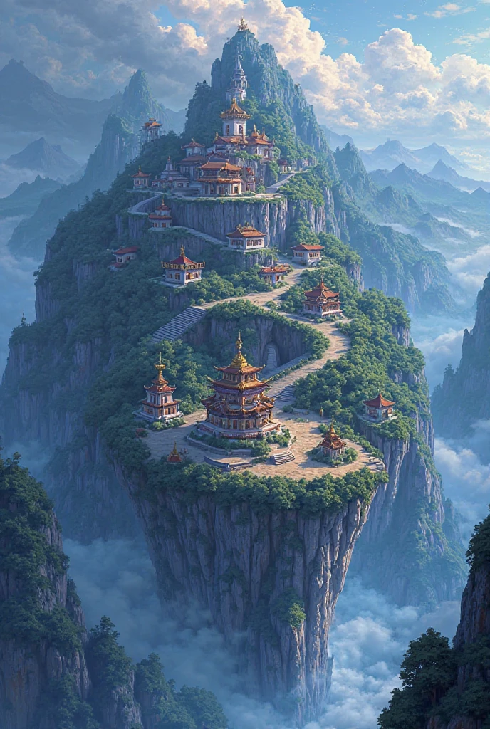 Half-moon-shaped island with small temples scattered on mountainous hills,colors blue gold light blue silver purple, gothic anime stripe