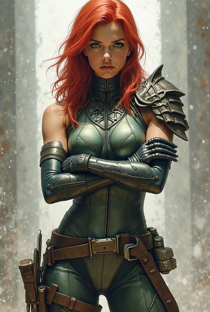 score_9, score_8_up, score_7_up, high quality, masterpiece, BoKatan, 1girl, green eyes, bodysuit, leg armor, gloves, belt, bracers, holsters, boots, shoulder armor, short hair, red hair, hair ornament, crossed arms
