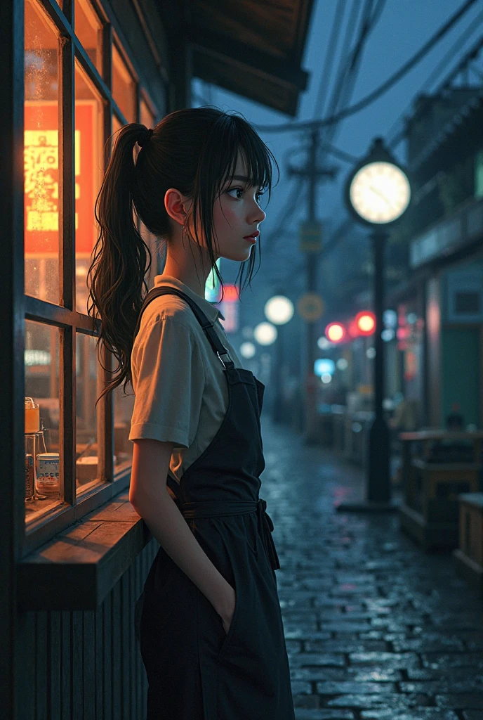 A girl working in a coffee shop in Japan at night, Watching the time when it's already too late