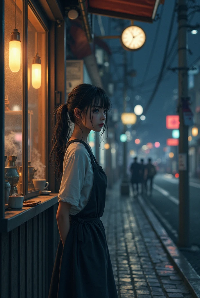 A girl working in a coffee shop in Japan at night, Watching the time when it's already too late