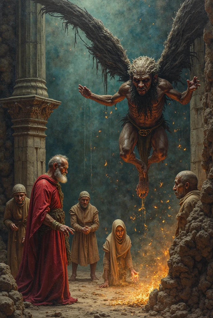 Reinterpretation of the Myth of Prometheus in a medieval expressionist context

Brief Description

In this reinterpretation of the myth of Prometheus, the titan is transformed into a medieval alchemist who challenges the dogmas of the Church and Monarchy Discovering the "fire of knowledge". Instead of stealing fire from the gods, Prometheus steals an arcane secret that empowers humans, causing the anger of King Zeus, who condemns him to be chained in a dark fortress where a winged demon devours his flesh as eternal punishment. The expressionist atmosphere is reflected in the distorted forms, the intense colors and exacerbated emotions of the characters, , emphasizing the suffering of Prometheus and the fear of peasants who are torn between accepting forbidden knowledge or submitting to the will of the monarch.