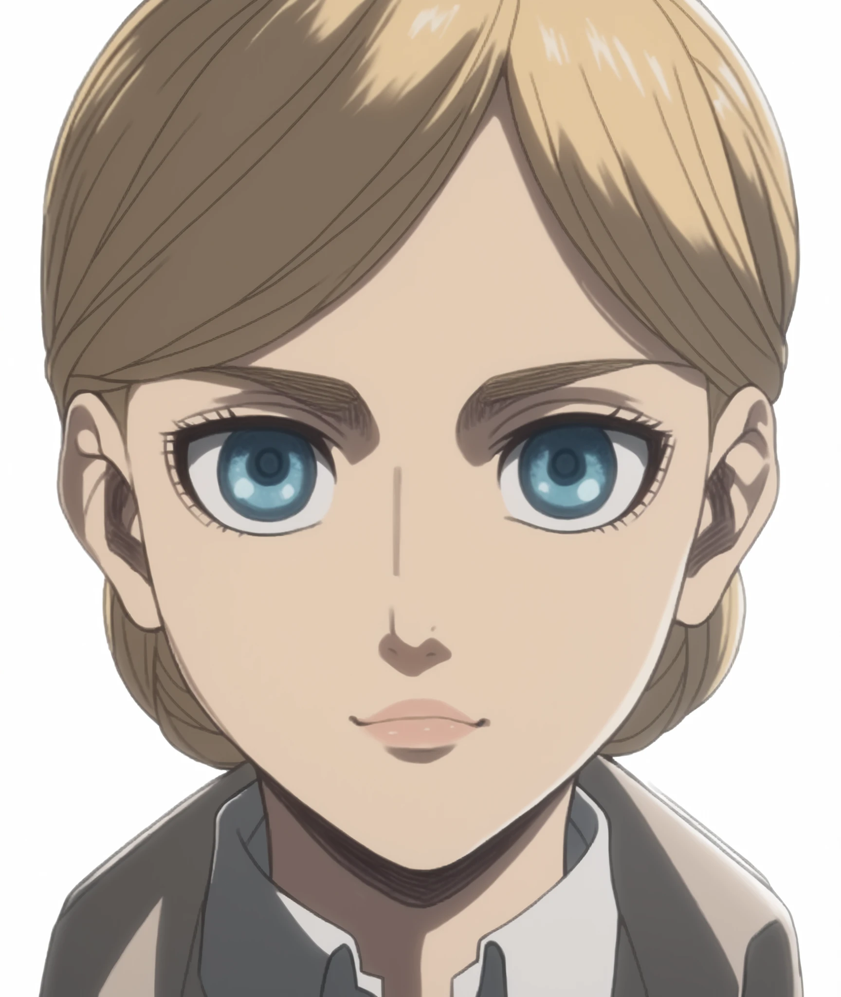 ((Historia Reiss)), nude, small and slim body, blonde, clased mouth, smile, blue eyes, nose, nostrils, ear, detailed hair, detailed body, chest, (very small breasts), nipples, abdomen, (anime 2D style), (((Attack on Titan anime style))), (high quality), ((detailed body)), ((design faithful to the original)), (high quality), ((very detailed)),