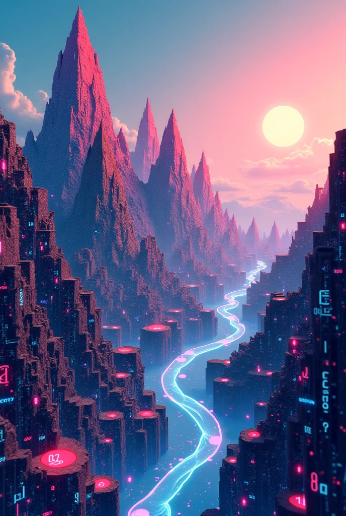 
creating an image of a numerical world , is an image of a world full of numbers everywhere with a series of mountains and a light that could be the sun , That image is for a game , I want it in animation style .