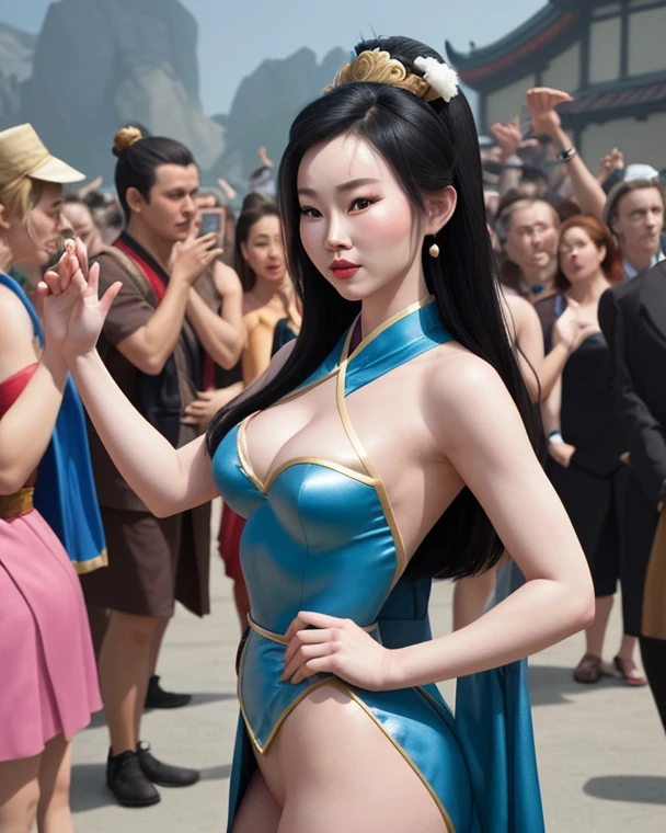 (巨作, Best quality, Realistic),
1girl big breasts,(on the St. Peter's Square of Vatican,crowd), sankta. Peter's Square of Vatican background, gypsy dress, Dancing, Elaborate dress, Gold,banquet, crowd, picking up skirt,Pale skin,
[Slight smile],